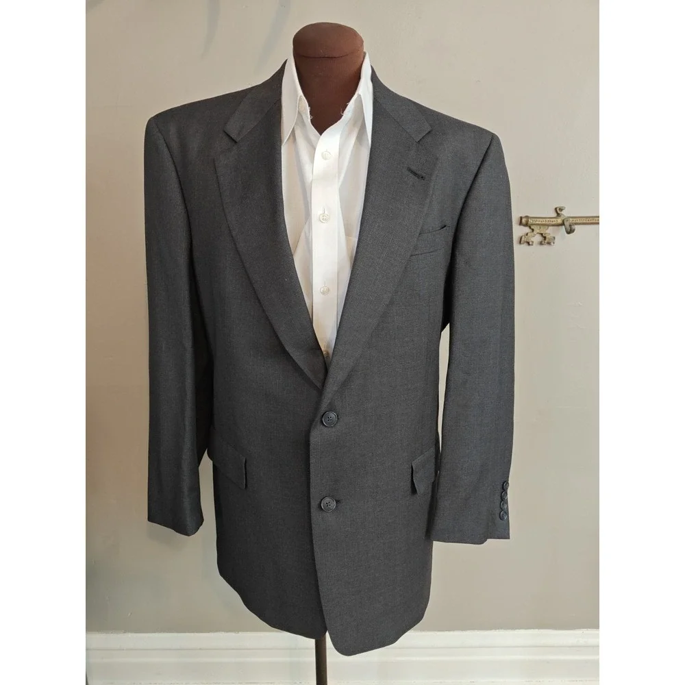 Hart Schaffner Marx Mens Wool Sports Coat 42L Gray Blue Plaid Gold Trumpeter USA